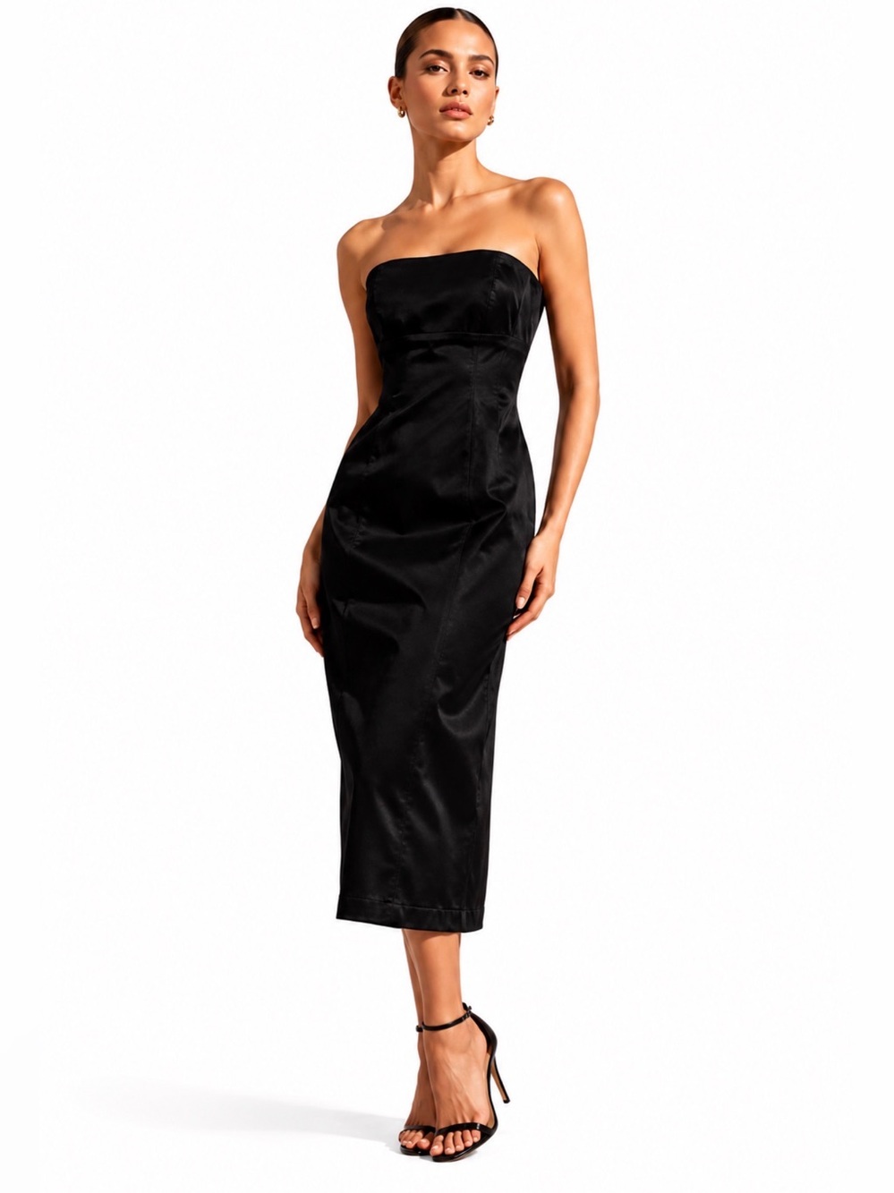 BEBE Black Satin Strapless Midi Dress / small